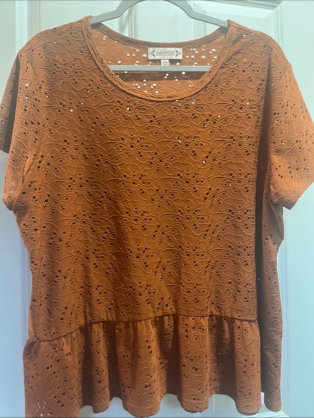 Nannette Rust Eyelet Peplum Blouse
